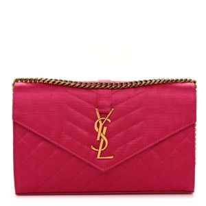 Saint Laurent Satin Mixed Matelasse Triquilt Monogram Chain Wallet Guava