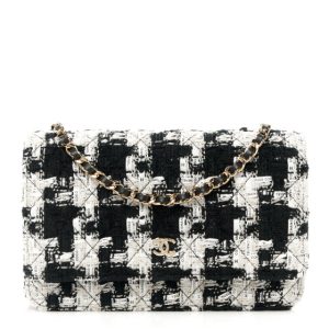 Chanel Tweed Quilted Wallet On Chain WOC Black Ecru White