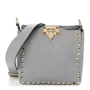 Valentino Garavani Pebbled Calfskin Mini Rockstud Flip-Lock Messenger Bag Pastel Grey