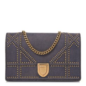 Christian Dior Denim Studded Diorama Wallet On Chain Blue