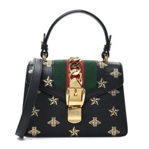 Gucci Textured Calfskin Bee Star Print Mini Sylvie Top Handle Bag Black