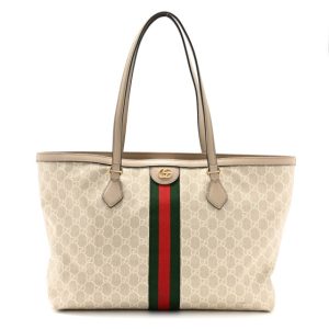 Gucci GG Supreme Monogram Textured Dollar Calfskin Web Medium Ophidia Shopping Tote Beige Mystic White Oatmeal