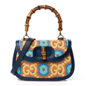 Gucci Calfskin Kaleidoscope Medium Bamboo 1947 Top Handle Bag Blue Orange Multicolor Blue Agata
