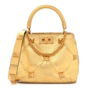 Valentino Garavani Tweed Metallic Small Roman Stud The Handle Bag Gold