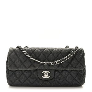 Chanel Metallic Crackled Calfskin Quilted East West Flap Navy