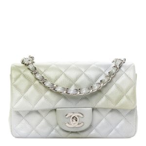 Chanel Metallic Goatskin Quilted Ombre Mini Rectangular Flap Grey Green