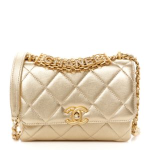 Chanel Metallic Lambskin Quilted Mini CC Crystal Logo Chain Flap Gold