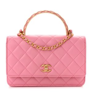 Chanel Lambskin Quilted Multicolor Top Handle Wallet On Chain WOC Light Pink