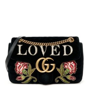 Gucci Velvet Matelasse Loved Embroidered Medium GG Marmont Shoulder Bag Black
