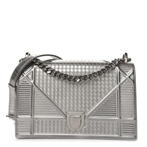 Christian Dior Metallic Patent Micro-Cannage Medium Diorama Flap Bag Silver