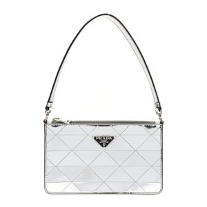 Prada Spazzolato Metal Triangle Logo Triangle Patterned Mini Shoulder Bag Argento