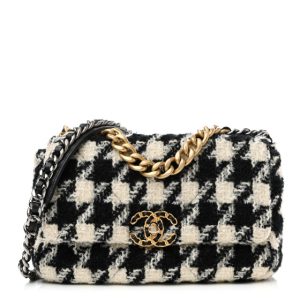 Chanel Tweed Quilted Medium Chanel 19 Flap Black Ecru White