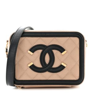 Chanel Caviar Quilted CC Filigree Vanity Clutch With Chain Beige Black