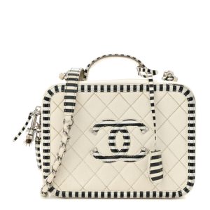 Chanel Caviar Quilted Striped Medium CC Filigree Vanity Case White Black