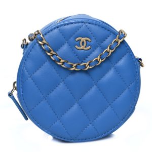 Chanel Lambskin Quilted Round Clutch With Chain Blue