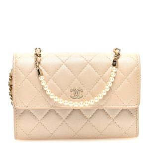 Chanel Lambskin Quilted Pearl My Shoulder Mini French Wallet On Chain WOC Light Beige