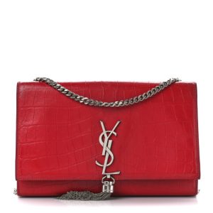 Saint Laurent Calfskin Crocodile Embossed Medium Classic Monogram Kate Tassel Satchel New Red