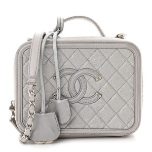 Chanel Metallic Caviar Quilted Medium CC Filigree Vanity Case Silver