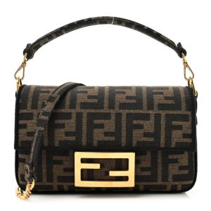 Fendi Fabric Jacquard FF 1974 Mini Baguette Tobacco Moro Black