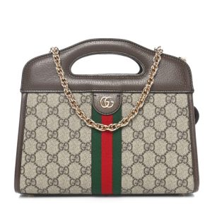 Gucci GG Supreme Monogram Textured Dollar Calfskin Web Small Ophidia Slip Handle Tote Beige Ebony New Acero