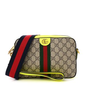 Gucci GG Supreme Monogram Textured Dollar Calfskin Web Ophidia Wristlet Shoulder Bag Beige Ebony Yellow