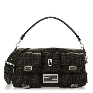 Fendi Fabric Jacquard FF 1974 Maxi Multipocket Baguette Tobacco Moro Black
