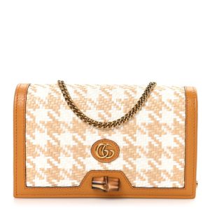 Gucci Polished Raffia Textured Dollar Calfskin Houndstooth Mini Diana Chain Bag Natural Sun Oil Mystic White
