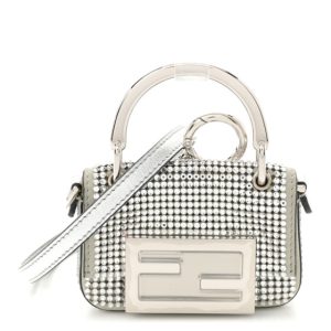 Fendi Nubuck Crystal Catalan Mirror Nano Maxi Buckle Baguette Charm Pietra Argento