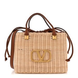 Valentino Garavani Wicker Vlogo Calfskin Top Handle Bag Natural