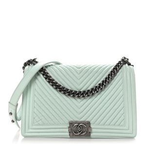 Chanel Wrinkled Lambskin Chevron Quilted New Medium Boy Flap Light Green