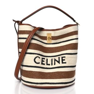 Celine Canvas Smooth Calfskin Logo Bucket 16 Bag Brown Off White Tan