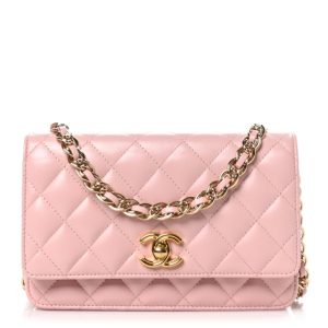 Chanel Shiny Lambskin Quilted Golden Links Wallet On Chain WOC Light Pink