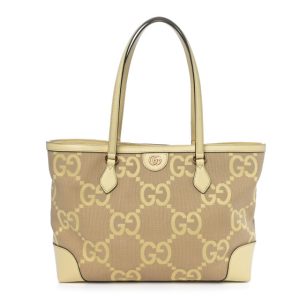 Gucci Monogram Jumbo GG Textured Dollar Calfskin Medium Ophidia Shopping Tote Beige Yellow