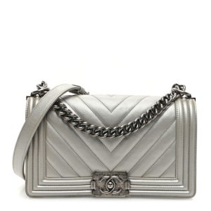 Chanel Metallic Caviar Chevron Quilted Medium Boy Flap Silver