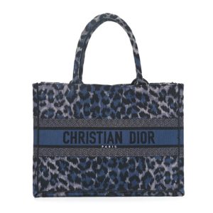 Christian Dior Canvas Mizza Embroidered Medium Leopard Book Tote Blue