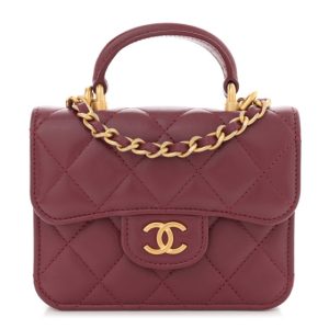 Chanel Lambskin Quilted Top Handle Flap Coin Purse With Chain Burgundy