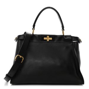 Fendi Vitello Seta Shiny Nappa Medium Peekaboo Iconic Satchel Black