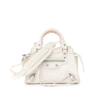 Balenciaga Semi Shiny Calfskin Crocodile Embossed Neo Classic Silver Hardware Mini City White