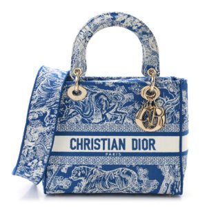 Christian Dior Canvas Toile De Jouy Reverse Embroidered Medium Lady D-Lite Fluorescent Blue