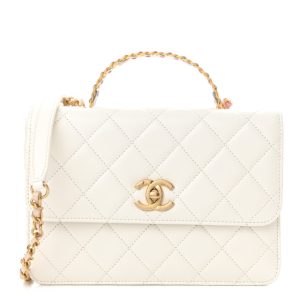 Chanel Shiny Calfskin Quilted Small Chain Top Handle Flap White