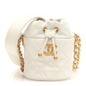 Chanel Caviar Quilted Twist Your Buttons Mini Bucket Bag White
