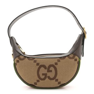 Gucci Monogram Jumbo GG Textured Dollar Calfskin Web Mini Ophidia Half Moon Hobo Camel Ebony New Acero