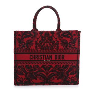 Christian Dior Canvas Embroidered Large Ornamental Cornely Effect Book Tote Red Black