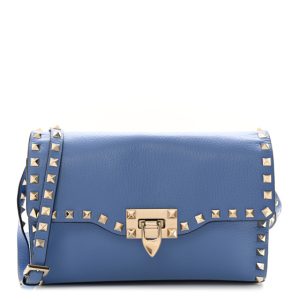 Valentino Garavani Pebbled Calfskin Medium Rockstud Flip Lock Crossbody Bag Denim