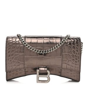 Balenciaga Shiny Metallic Calfskin Crocodile Embossed Hourglass Chain Bag Dark Bronze