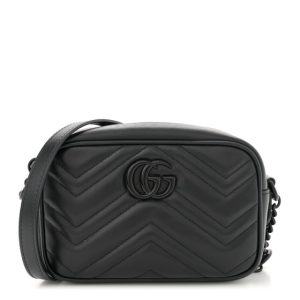 Gucci Calfskin Matelasse Monochrome Mini GG Marmont Chain Shoulder Bag Black