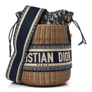 Christian Dior Wicker Oblique Drawstring Bucket Bag Blue