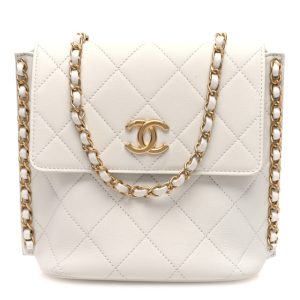 Chanel Calfskin Quilted Chain Small Hobo Bag White