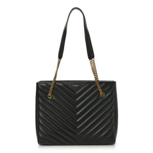 Saint Laurent Grain de Poudre Matelasse Chevron Medium Tribeca Shopping Bag Black