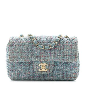 Chanel Tweed Quilted Mini Rectangular Flap Turquoise Purple White Red